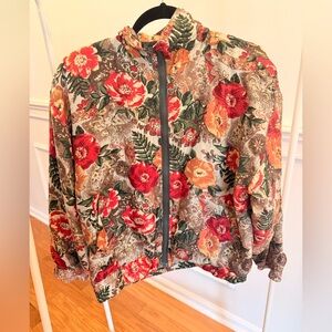 Vintage 90s 100% Silk Floral Bomber Jacket PM Oversized Retro Windbreaker